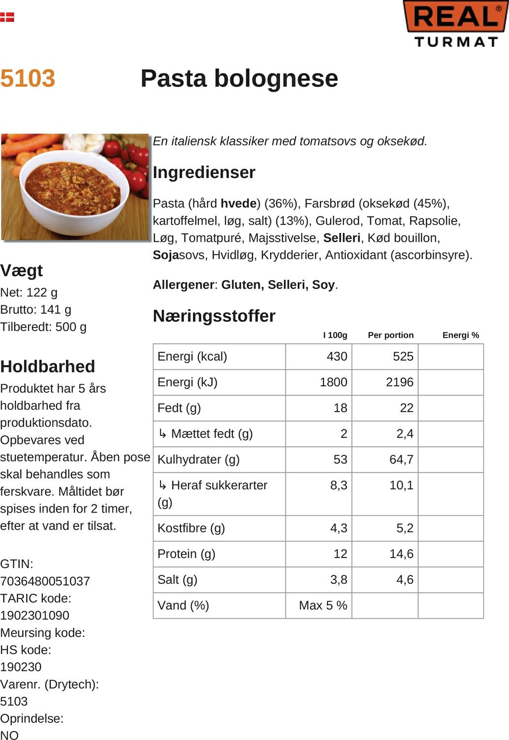 Real Turmat Pasta Bolognese frysetørret ret 139 g